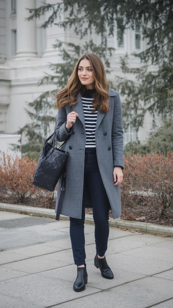Full-length outdoor street style portrait of a woman walking in a grey double-breasted wool overcoat layered over a striped black-and-white turtleneck knit, dark slim pants, and black leather Chelsea boots for a women's fashion Capsule Wardrobe. Carrying a textured black tote bag. Ideal visual reference for quiet luxury cold-weather coat formulas, Scandinavian minimalist winter outfits, Old Money office attire, and late fall seasonal closet organization.