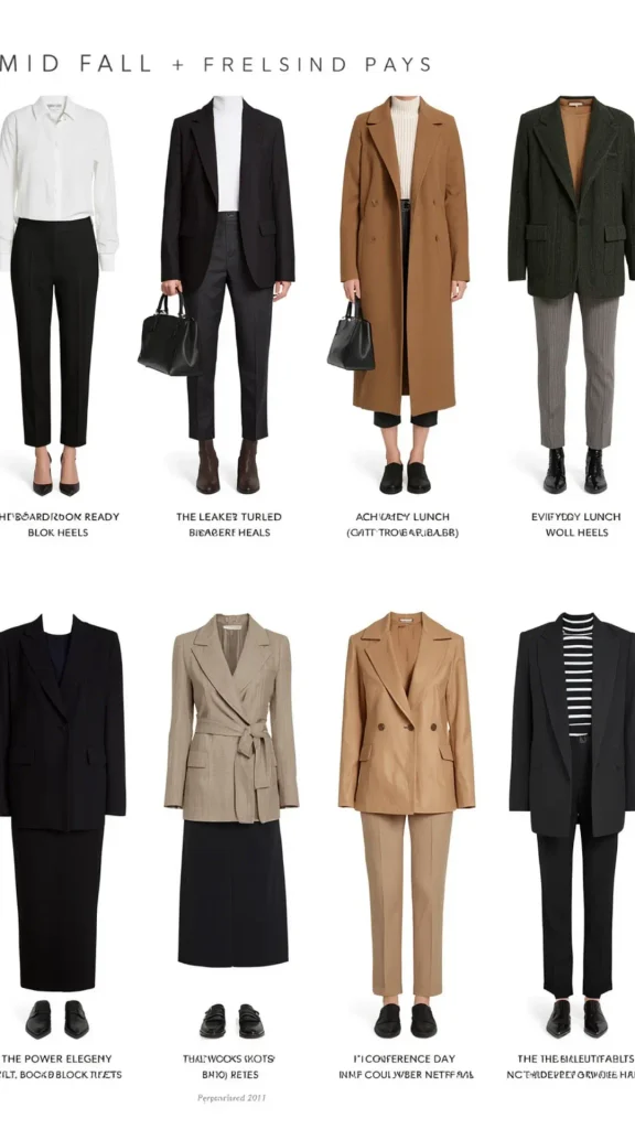Grid infographic pin titled "MID FALL" featuring 8 October workwear outfit ideas for a women's fashion Capsule Wardrobe. Highlights cool-weather office looks including long camel wool coats, belted blazers, turtleneck knits, double-breasted suit sets, striped tops, and tailored trousers. Ideal visual guide for quiet luxury autumn layering, Old Money workwear formulas, Scandinavian minimalist style, and seasonal closet planning.