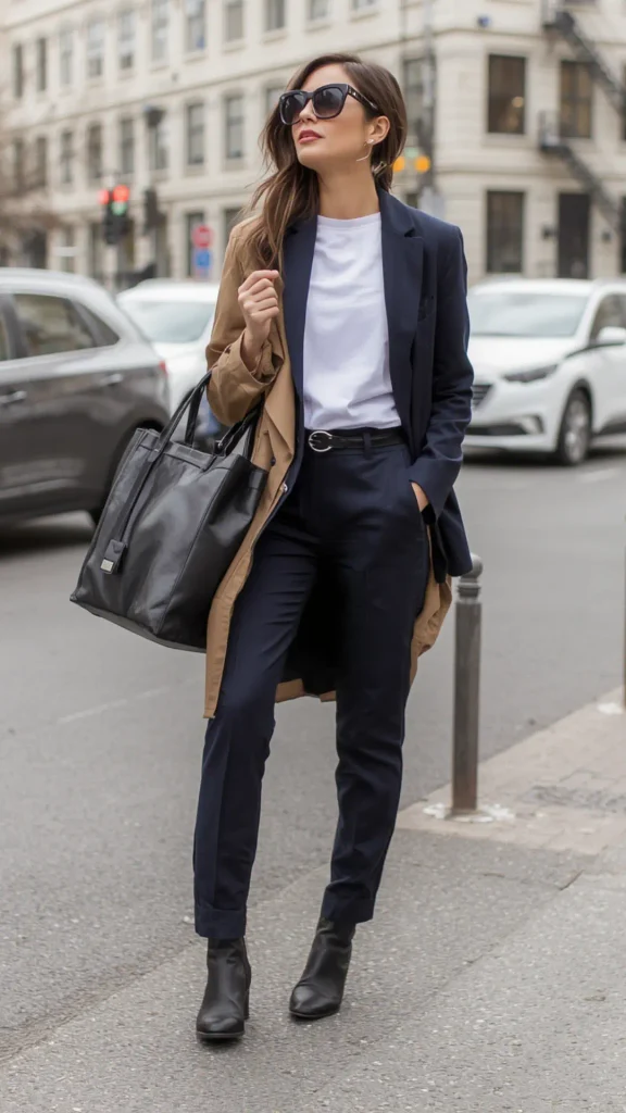 Full-length street style portrait of a stylish woman wearing a dark navy blazer suit, white t-shirt, black belt, and cropped trousers, layered with a camel trench coat draped over her arm for a women's fashion Capsule Wardrobe. Accessorized with black leather ankle boots, a large black tote bag, and dark sunglasses on a city street. Ideal visual reference for Scandinavian outerwear layering, quiet luxury workwear, chic office outfit formulas, and timeless coat style.   