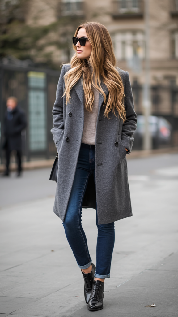 Full-length street style portrait of a blonde woman wearing a double-breasted grey wool coat over a neutral beige sweater, dark blue cuffed skinny jeans, and patent black lace-up ankle boots for a women's fashion Capsule Wardrobe. Styled with dark sunglasses walking on a city sidewalk. Ideal visual reference for Scandinavian outerwear layering, quiet luxury winter street style, classic coat outfit formulas, and building an enduring closet.   