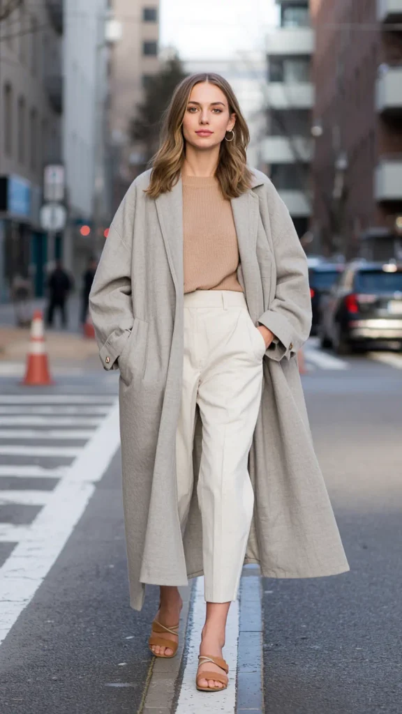 Full-length street style photo of a stylish woman walking across a city street in an oversized light grey trench coat for a women's fashion Capsule Wardrobe. Styled over a ribbed tan knit top, high-waisted off-white tailored trousers, and camel leather flat sandals. Ideal visual reference for Scandinavian minimalist outerwear layering, quiet luxury urban outfits, neutral earth-tone tailoring, and building an enduring minimal closet collection.   