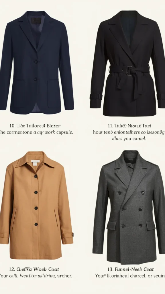 Grid layout flat-lay showcasing four classic outerwear staples for a women's fashion Capsule Wardrobe. Features a tailored dark navy blazer, a belted black trench blazer, a camel button-front work coat, and a double-breasted charcoal grey jacket. Ideal visual guide for quiet luxury layering, Old Money office attire, Scandinavian minimalist outerwear, and building a versatile corporate wardrobe collection.