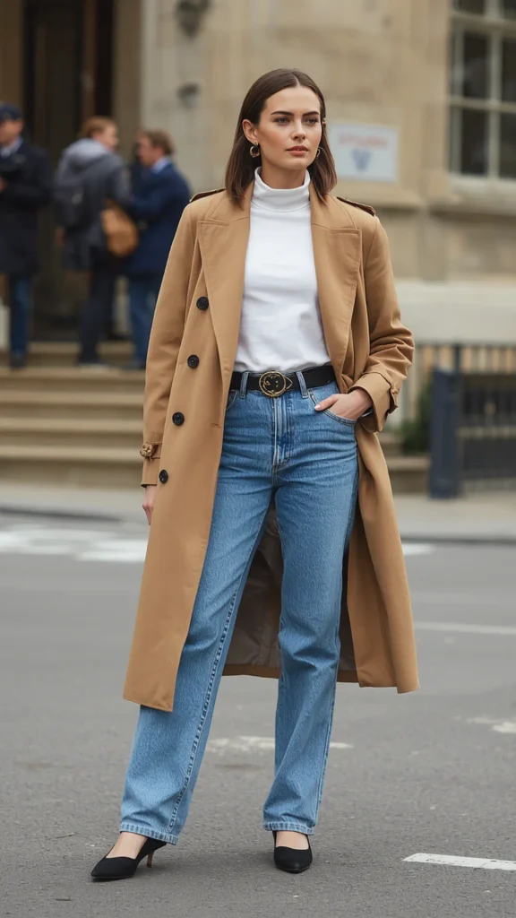 Full-length street style photo of a stylish brunette woman posing in a classic camel trench coat, demonstrating timeless everyday outfits for a women's fashion Capsule Wardrobe. She wears a high-neck white top tucked into high-waisted blue straight-leg jeans with a black leather belt and black pointed heels. Set against a city backdrop. Ideal visual reference for trench coat outfit formulas, quiet luxury street style, casual chic denim combinations, and minimalist closet essentials.