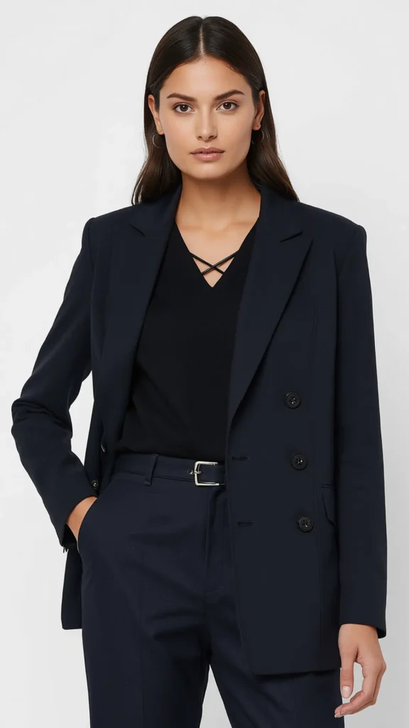 Studio portrait of a dark-haired woman modeling a tailored dark navy double-breasted blazer and matching belted trousers over a black criss-cross v-neck top for a women's fashion Capsule Wardrobe. Styled with a silver-buckle belt and delicate hoop earrings against a clean white backdrop. Ideal visual reference for Scandinavian power suit formulas, quiet luxury office style, professional workwear inspiration, and building a versatile, timeless closet collection.