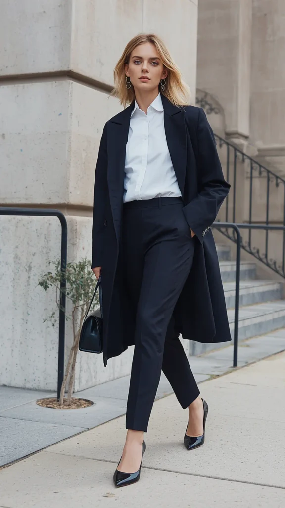 Full-body street style portrait of an elegant woman modeling sophisticated black-and-white tailoring for a women's fashion Capsule Wardrobe. Standing in front of a white townhouse, she wears a long black double-breasted blazer over a white turtleneck, high-waisted black wide-leg trousers, and black ankle-strap pumps. She holds a small tan leather chain-strap handbag and wears dark sunglasses. Ideal visual reference for elegant workwear, quiet luxury outfit formulas, and timeless staples.