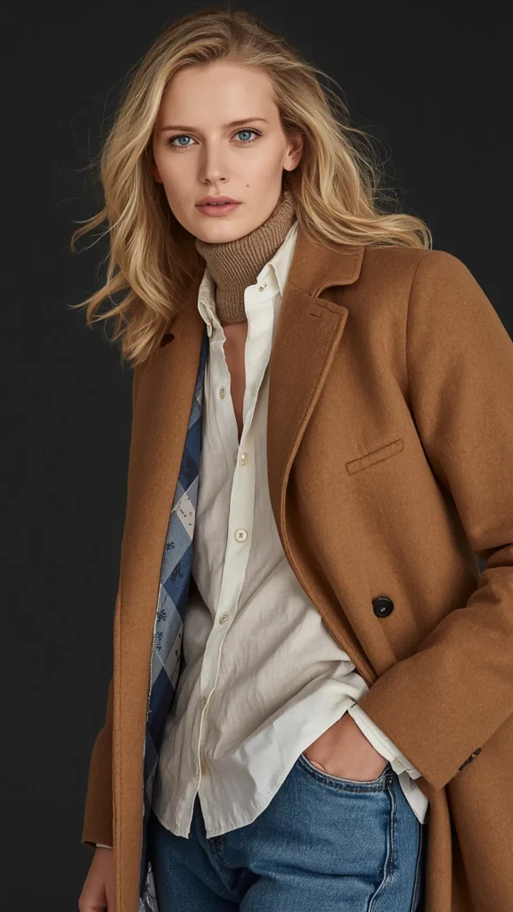 Studio portrait of a blonde woman showcasing chic outerwear layering for a women's fashion Capsule Wardrobe. Posing against a dark backdrop, she wears a tailored camel wool coat over an unbuttoned white shirt, a light brown knit turtleneck collar, and classic blue jeans. The coat reveals a subtle blue plaid lining. An ideal visual reference for quiet luxury outerwear, classic coat styling, autumn layering ideas, and timeless closet essentials.
