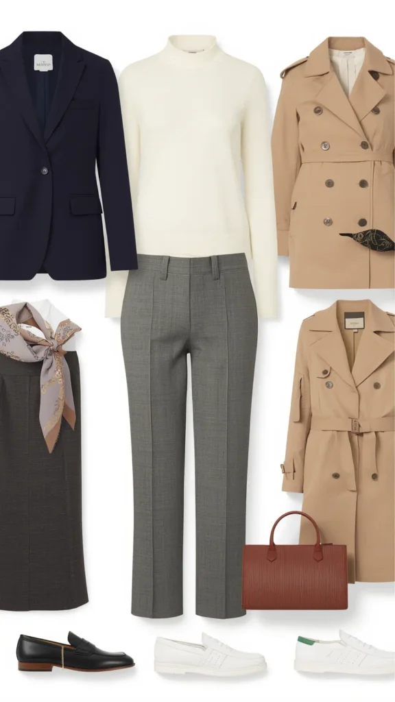 Flat-lay outfit formula collage showing essential neutral pieces for a women's fashion Capsule Wardrobe. Featured items include a dark navy blazer, cream turtleneck knit, grey tailored trousers, double-breasted camel trench coat, charcoal midi skirt with a patterned silk scarf, cognac leather handbag, black loafers, white slip-ons, and clean white sneakers. Ideal visual reference for quiet luxury mix-and-match outfit formulas, office workwear staples, and timeless closet planning.