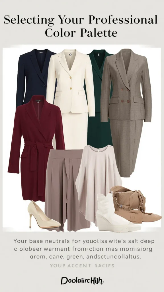A fashion guide graphic titled "Selecting Your Professional Color Palette" displaying an elegant collection of workwear staples for a women's fashion Capsule Wardrobe. Features structured blazers and suits in navy, off-white, forest green, and taupe grey, alongside a burgundy belted wrap dress. Accompanied by neutral cream pumps and beige footwear. Ideal visual reference for professional color coordination, quiet luxury office outfits, and building a versatile corporate closet.   
