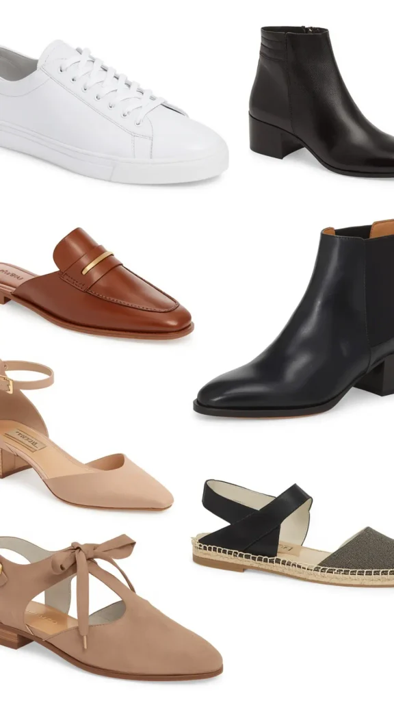 Product breakdown collage showcasing essential footwear staples for a women's fashion Capsule Wardrobe. Set against a clean white background, the image features classic white leather sneakers, black leather ankle boots, cognac brown mule loafers, nude pointed-toe block heels, black espadrille sandals, and taupe tie-front flats. An ideal visual reference for building a versatile shoe collection, footwear checklist planning, neutral outfit pairing, and timeless closet basics.

