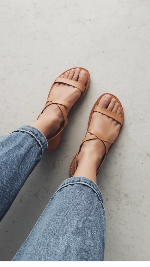 Top-down shot of a woman's feet wearing classic tan leather strappy flat sandals paired with cuffed blue jeans against a neutral concrete floor, representing essential summer footwear for a women's fashion Capsule Wardrobe. Ideal visual reference for Japandi minimalist aesthetic, warm-weather shoe formulas, timeless leather sandals, casual chic everyday outfit ideas, and building a versatile minimal closet collection.   