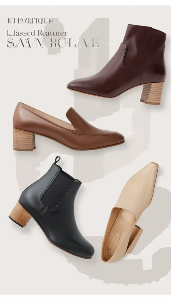 Minimalist footwear display pin showcasing essential neutral shoes for a women's fashion Capsule Wardrobe. Includes dark brown leather block-heel ankle boots, cognac tan heeled loafers, black Chelsea booties, and nude beige pointed-toe mules with stacked wooden heels. Ideal visual reference for quiet luxury footwear formulas, Old Money workwear shoes, Scandinavian minimalist style, and building a versatile shoe collection.