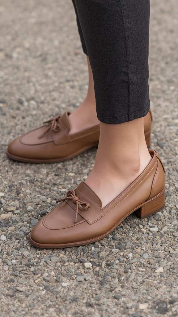 A chic footwear pin showcasing classic tan brown leather loafers with small bow accents paired with dark grey cropped slacks as a versatile staple for a women's fashion Capsule Wardrobe. Standing outdoors on gravel, highlighting quality leather craftsmanship. Inspiring visual guide for Old Money office shoes, quiet luxury outfit formulas, Scandinavian minimal footwear essentials, and timeless wardrobe planning.   