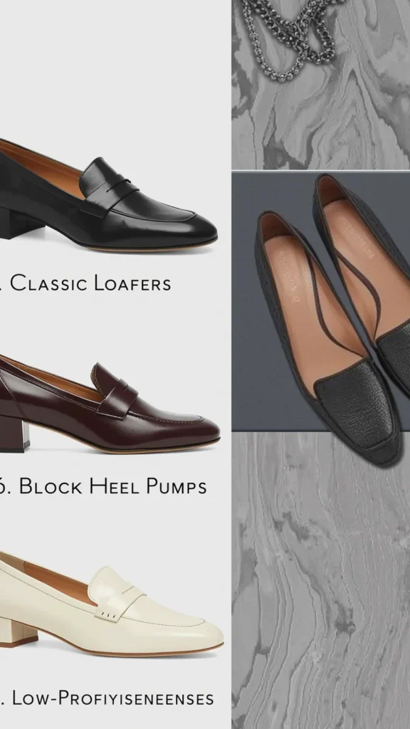Grid layout fashion pin showcasing essential workwear footwear for a women's fashion Capsule Wardrobe. Features classic block-heel loafers in black leather, deep burgundy leather, and off-white cream leather, alongside textured dark loafers and silver chain jewelry accents set against grey marble. Ideal visual reference for quiet luxury shoe staples, Scandinavian office footwear, professional heels, and building a versatile shoe collection.   