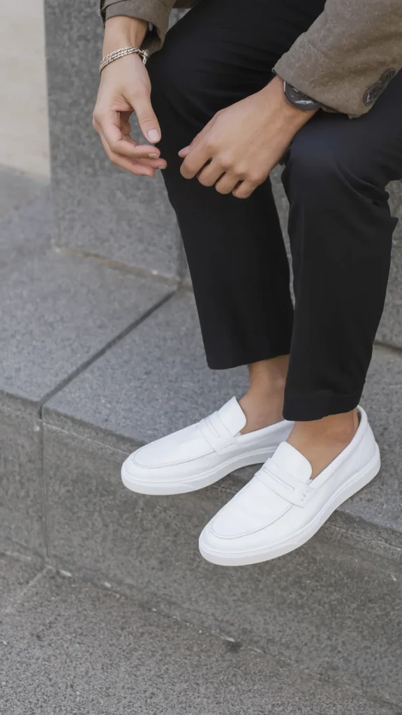 Close-up shot of crisp white leather penny loafers worn with cropped black tailored trousers while sitting on stone steps, showcasing essential versatile shoes for a modern Capsule Wardrobe. Accessorized with a subtle silver bracelet and watch, this look provides inspiration for smart-casual street style, minimal women's fashion footwear essentials, modern workwear outfit formulas, and quiet luxury shoe collections.