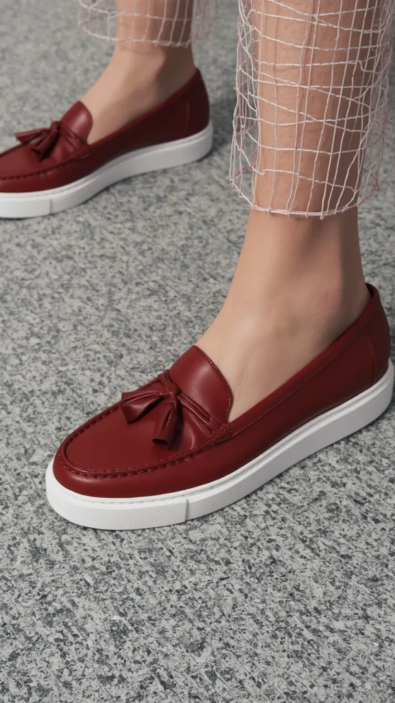 Close-up shot of rich burgundy red leather loafers featuring tassel details and modern white sneaker soles, paired with mesh-patterned trousers to highlight versatile statement footwear for a women's fashion Capsule Wardrobe. Shot on speckled stone tile. An ideal visual reference for pop-of-color shoes, preppy-chic smart casual outfit formulas, quiet luxury fall shoe styling, and building a comfortable, timeless footwear collection.