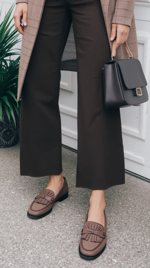 Cropped lower-body street style shot of a woman wearing dark chocolate brown wide-leg cropped trousers paired with brown leather kiltie fringe loafers for a women's fashion Capsule Wardrobe. Styled with a long taupe plaid coat and holding a black structured top-handle handbag against a white door. Ideal visual reference for autumn earth-tone outfit formulas, quiet luxury workwear, chic footwear styling, and building a timeless, minimalist closet.