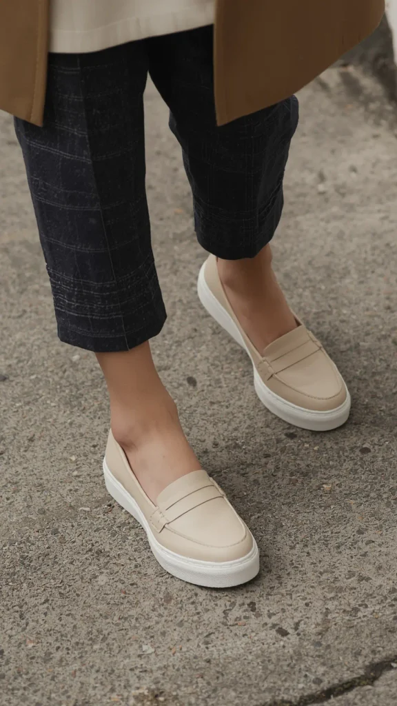 Close-up street style shot of a woman's feet walking in beige platform penny loafers with thick white soles, showcasing essential casual footwear for a women's fashion Capsule Wardrobe. Paired with dark navy plaid cropped trousers and a camel coat, set against a concrete sidewalk backdrop. An ideal visual reference for smart-casual shoes, comfortable workwear footwear, neutral outfit formulas, and timeless closet essentials.