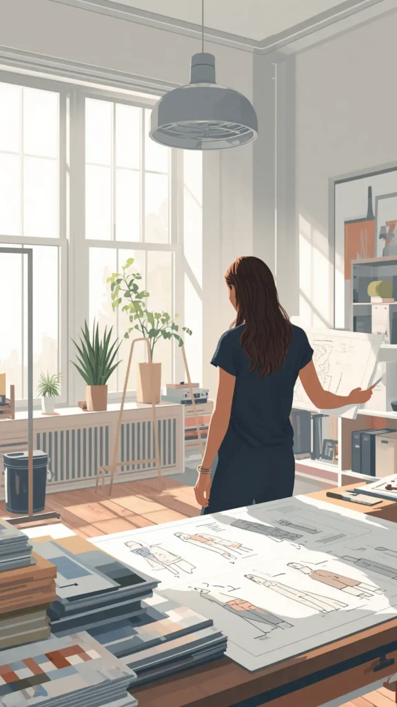 Aesthetic illustration of a woman in a sunlit design studio reviewing fashion sketches on a desk, representing step 1 in creating a women's fashion Capsule Wardrobe. Seen from behind in a dark blue outfit, she holds a design blueprint near large windows with potted plants, surrounded by style sketches and color palettes. An ideal visual reference for discovering your personal style blueprint, mood boarding, minimalist closet planning, and intentional wardrobe design.
