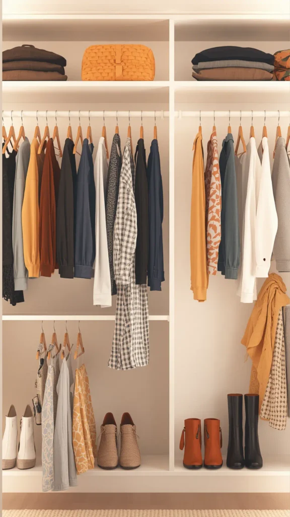 An organized open white closet filled with women's clothes on matching wooden hangers, representing step 2 in creating a Capsule Wardrobe. The wardrobe features neatly arranged shirts, blouses, coats, and dresses in warm yellow, rust, navy, grey, and white, alongside folded tops on top shelves and neatly lined shoes below (boots, loafers, ankle boots). An ideal visual reference for closet decluttering, wardrobe resets, minimal organization, and essential closet planning.