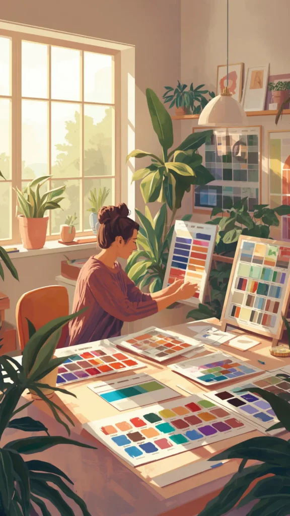 Artistic illustration of a woman in a sunlit studio selecting a color palette, representing step 3 in creating a women's fashion Capsule Wardrobe. Sitting at a wooden desk filled with vibrant color swatches, fabric palettes, and easel boards, she reviews shades of blue, orange, red, and neutral tones. Surrounded by leafy potted plants and warm light. An ideal visual reference for choosing a signature color palette, color analysis, and personal style planning.