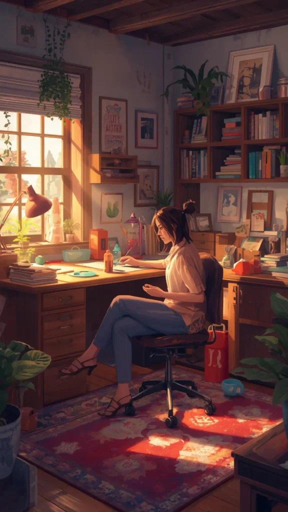 Cozy illustration of a woman sitting at a wooden desk in a sunlit room writing in a planner, representing step 4 in curating a women's fashion Capsule Wardrobe. Dressed in a beige short-sleeved shirt, blue pants, and strap heels, she sits by a window bathed in golden sunlight, surrounded by plants and bookshelves as she lists core essentials. An ideal visual reference for curating closet basics, outfit planning, intentional shopping lists, and minimal lifestyle organization.