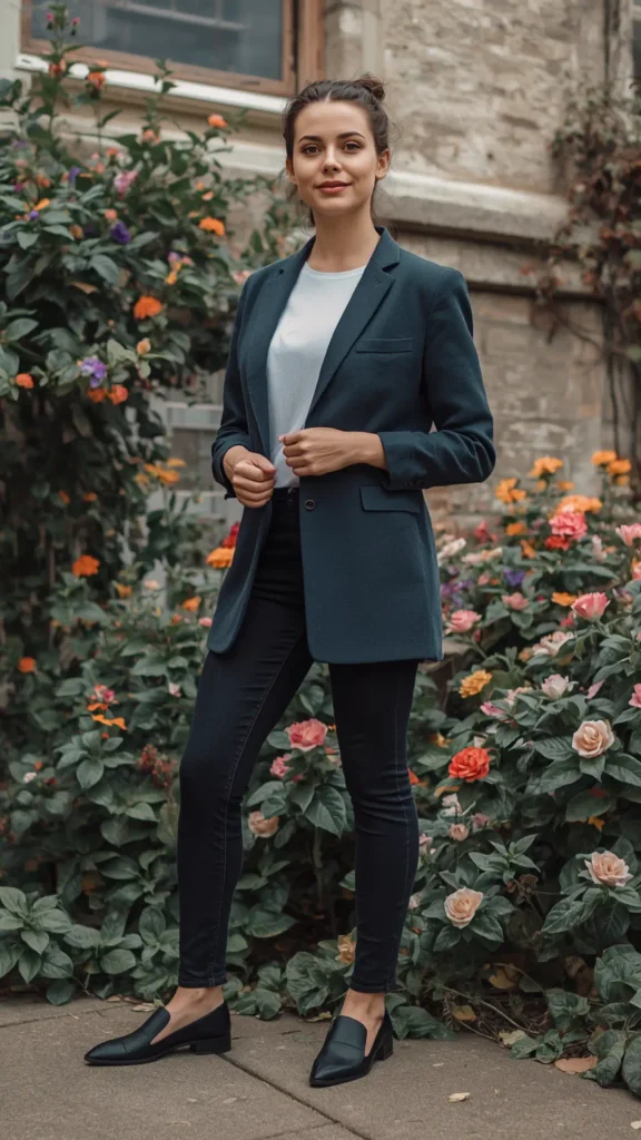 Full-body outdoor portrait of a woman wearing a dark teal tailored blazer, plain white t-shirt, black skinny pants, and black leather pointed loafers, illustrating step 5: mixing, matching, and testing your women's fashion Capsule Wardrobe. Posing in front of a stone wall lined with colorful rose bushes, her hair is styled in a top bun. An ideal visual reference for testing smart-casual outfit formulas, blazer layering ideas, versatile daily looks, and minimalist closet planning.