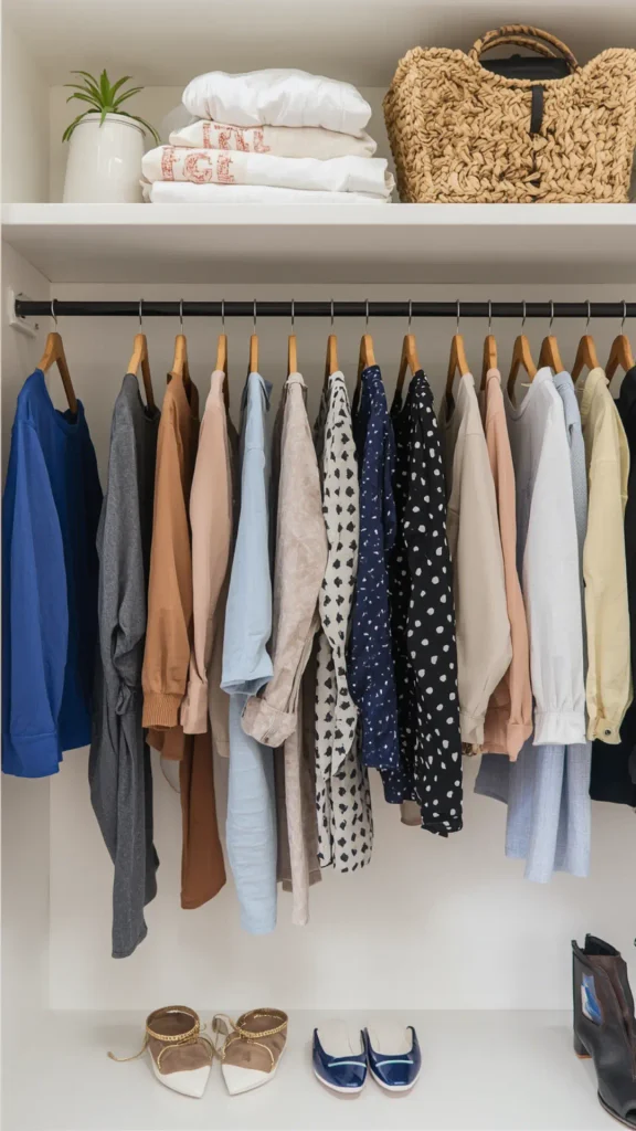 A neatly organized white closet rail with hung women's clothing, illustrating step 6: maintaining and evolving your Capsule Wardrobe. Wooden hangers display an array of blouses, long-sleeve tops, and jackets in royal blue, camel, light blue, cream, and polka dots. The upper shelf holds folded items, a small plant, and a woven tote basket, while shoes sit neatly below. Ideal visual reference for seasonal closet maintenance, wardrobe organization, and sustainable style care.