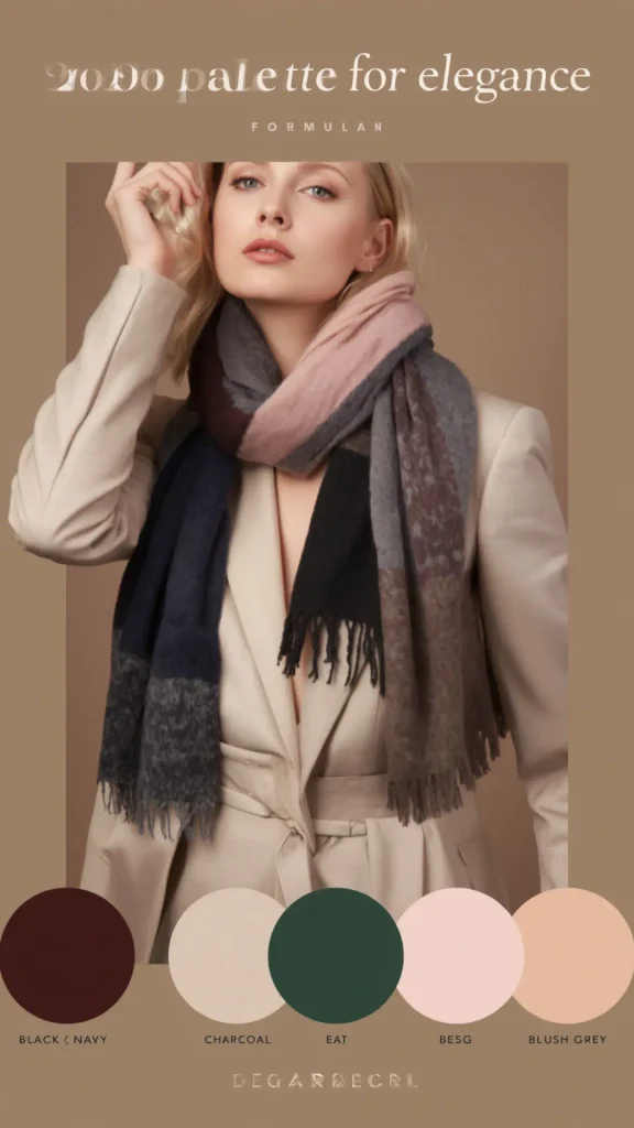 Elegant fashion color palette graphic titled "palette for elegance" for building a women's fashion Capsule Wardrobe. A blonde woman wears a beige wrap trench coat and a cozy multi-colored fringed scarf in grey, pink, and navy. Below are five soft color swatches featuring deep burgundy, cream, forest green, blush pink, and nude beige. Ideal visual reference for elegant color palettes, seasonal outfit planning, neutral wardrobe coordination, and timeless style.