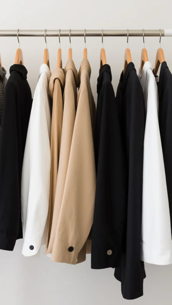 Close-up view of a sleek metal clothing rail displaying a curated neutral wardrobe on wooden hangers for a women's fashion Capsule Wardrobe. The minimalist selection includes crisp white button-down shirts, camel tan trench coats, and tailored black jackets hanging in a clean, rhythmic row. Ideal visual reference for Scandinavian closet organization, quiet luxury aesthetics, timeless workwear essentials, and building a functional, high-quality minimal closet.