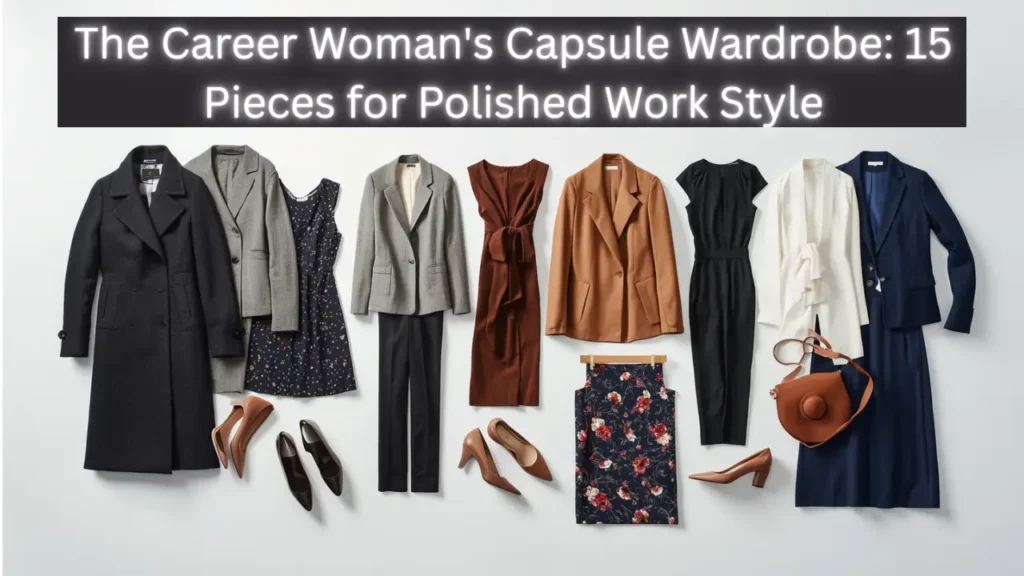 Overhead flat-lay graphic titled "The Career Woman's Capsule Wardrobe: 15 Pieces for Polished Work Style" presenting 15 curated professional garments on a white background. Includes a long dark coat, grey and camel blazers, a rust-brown tie-waist dress, navy suit, floral pencil skirt, nude pumps, and a cognac leather bag. Ideal visual reference for professional office wear, quiet luxury corporate tailoring, and a women's fashion Capsule Wardrobe.