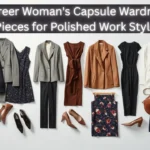 Overhead flat-lay graphic titled "The Career Woman's Capsule Wardrobe: 15 Pieces for Polished Work Style" presenting 15 curated professional garments on a white background. Includes a long dark coat, grey and camel blazers, a rust-brown tie-waist dress, navy suit, floral pencil skirt, nude pumps, and a cognac leather bag. Ideal visual reference for professional office wear, quiet luxury corporate tailoring, and a women's fashion Capsule Wardrobe.