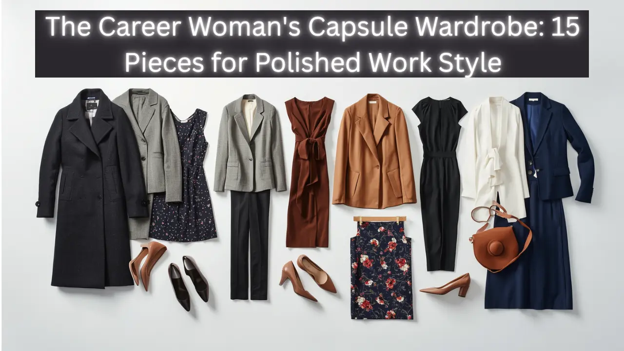 Overhead flat-lay graphic titled "The Career Woman's Capsule Wardrobe: 15 Pieces for Polished Work Style" presenting 15 curated professional garments on a white background. Includes a long dark coat, grey and camel blazers, a rust-brown tie-waist dress, navy suit, floral pencil skirt, nude pumps, and a cognac leather bag. Ideal visual reference for professional office wear, quiet luxury corporate tailoring, and a women's fashion Capsule Wardrobe.