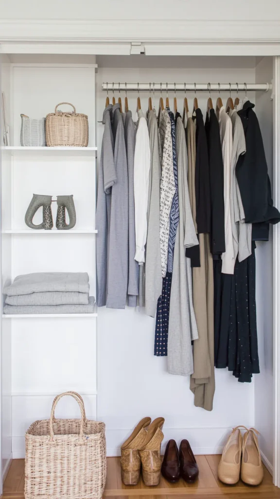 Bright, organized white closet featuring a hanging rail of neutral women's workwear for a Capsule Wardrobe. Displays soft grey tops, white shirts, printed blouses, tan cardigans, and dark blazers on wooden hangers. Side shelves showcase woven storage baskets and neatly folded grey linens above tan wooden wedges, dark brown loafers, and nude flats. Ideal visual reference for Japandi closet organization, quiet luxury workwear formulas, and minimalist wardrobe planning.   