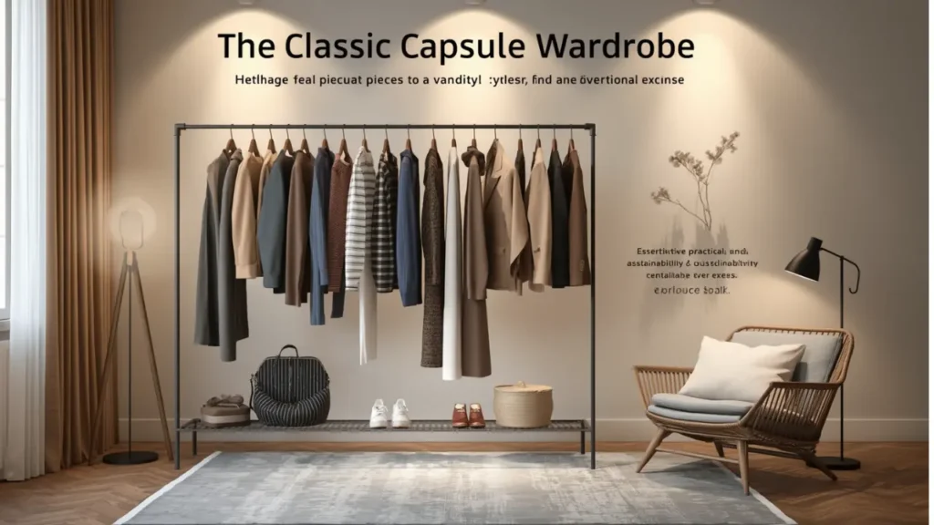 Pinterest interior graphic titled "The Classic Capsule Wardrobe". Shows a freestanding dark metal clothing rack in a warm, dimly lit room with herringbone wood floors. The rack holds neutral-toned jackets, blazers, sweaters, and striped tops on wooden hangers. Below, white sneakers, brown loafers, a handbag, and a woven basket rest on the bottom shelf next to a cozy armchair. Ideal visual reference for Scandinavian clothing rack inspiration, quiet luxury interior aesthetic, and a women's fashion Capsule Wardrobe.