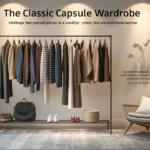 Pinterest interior graphic titled "The Classic Capsule Wardrobe". Shows a freestanding dark metal clothing rack in a warm, dimly lit room with herringbone wood floors. The rack holds neutral-toned jackets, blazers, sweaters, and striped tops on wooden hangers. Below, white sneakers, brown loafers, a handbag, and a woven basket rest on the bottom shelf next to a cozy armchair. Ideal visual reference for Scandinavian clothing rack inspiration, quiet luxury interior aesthetic, and a women's fashion Capsule Wardrobe.