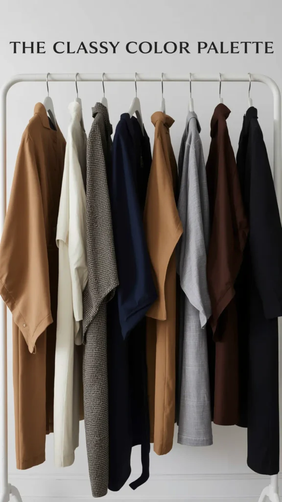 Pinterest graphic titled "THE CLASSY COLOR PALETTE" featuring a minimal white garment rack filled with timeless garments for a women's fashion Capsule Wardrobe. Items include coats, shirts, and dresses neatly hung in camel brown, off-white, houndstooth plaid, dark navy, warm tan, light grey, chocolate brown, and classic black. An ideal visual reference for quiet luxury color palettes, aesthetic closet organization, neutral clothing combinations, and minimalist wardrobe planning.