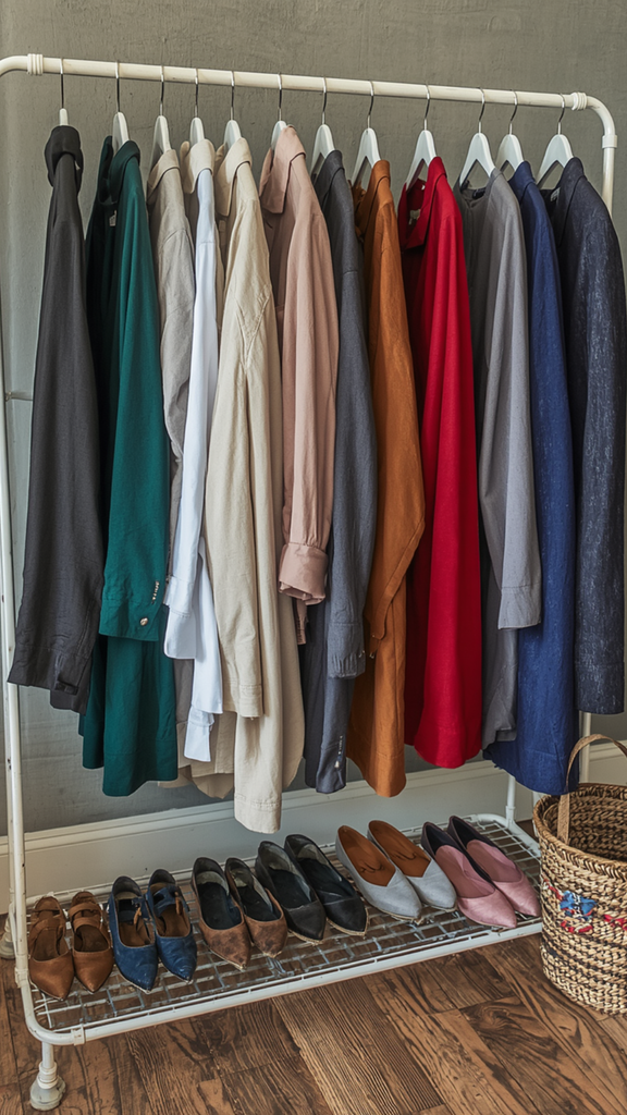 A freestanding white clothing rack neatly displaying women's workwear organized by color spectrum, including emerald green, beige, rust orange, bold red, and navy coats. The bottom rack features an array of leather flats, loafers, and suede shoes next to a woven basket. Ideal visual guide for professional color palette strategies, minimalist office outfits, smart closet organization, and building a versatile women's fashion Capsule Wardrobe.   