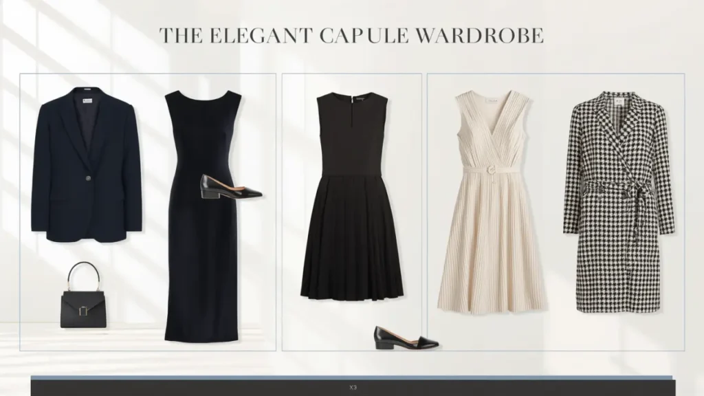 Minimalist product layout titled "THE ELEGANT CAPSULE WARDROBE" displaying formal dresses and tailored pieces for a women's fashion Capsule Wardrobe. Set on a light backdrop, the image features a dark navy blazer, a sleek black handbag, a long black sheath dress, a black pleated dress, a belted cream V-neck dress, and a houndstooth wrap coat dress paired with black low-heeled pumps. Ideal visual guide for elegant workwear, classy evening looks, and timeless closet essentials.
