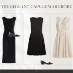 Minimalist product layout titled "THE ELEGANT CAPSULE WARDROBE" displaying formal dresses and tailored pieces for a women's fashion Capsule Wardrobe. Set on a light backdrop, the image features a dark navy blazer, a sleek black handbag, a long black sheath dress, a black pleated dress, a belted cream V-neck dress, and a houndstooth wrap coat dress paired with black low-heeled pumps. Ideal visual guide for elegant workwear, classy evening looks, and timeless closet essentials.