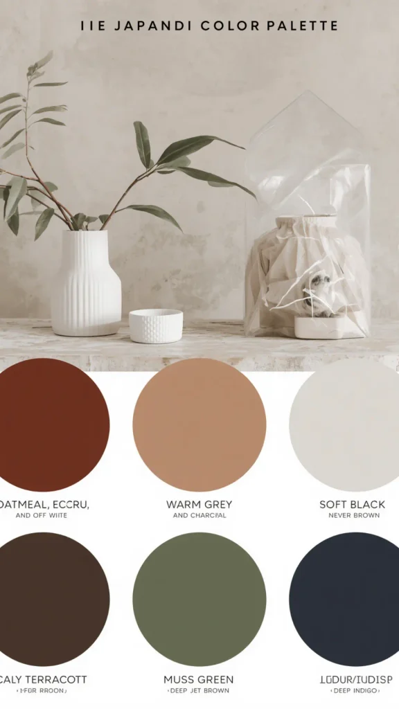 Pinterest graphic titled "The Japandi Color Palette" featuring a ceramic vase with leafy branches above six muted organic color swatches. Shades include terracotta rust, sandy beige, soft off-white, deep espresso, moss green, and dark indigo navy. Ideal visual reference for Japandi style inspiration, earth-tone outfit combination guides, quiet luxury aesthetic, and building a harmonized women's fashion Capsule Wardrobe.