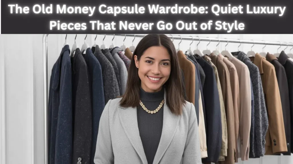 Pinterest pin graphic titled "The Old Money Capsule Wardrobe: Quiet Luxury Pieces That Never Go Out of Style." A smiling brunette woman stands in front of a rack of neutral tailored coats and jackets. She wears a grey wool blazer over a dark charcoal turtleneck knit, accented with a chunky gold chain necklace. An ideal visual reference for quiet luxury fashion, old money aesthetic outfit inspiration, classic blazer styling, and timeless women's fashion Capsule Wardrobe staples.
