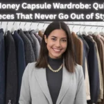Pinterest pin graphic titled "The Old Money Capsule Wardrobe: Quiet Luxury Pieces That Never Go Out of Style." A smiling brunette woman stands in front of a rack of neutral tailored coats and jackets. She wears a grey wool blazer over a dark charcoal turtleneck knit, accented with a chunky gold chain necklace. An ideal visual reference for quiet luxury fashion, old money aesthetic outfit inspiration, classic blazer styling, and timeless women's fashion Capsule Wardrobe staples.