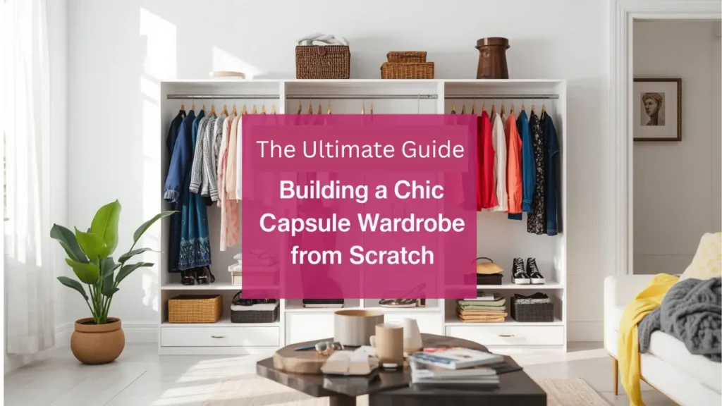 A bright sunlit room featuring an organized white open wardrobe filled with women's clothing, folded knitwear, shoes, and woven baskets. A magenta text overlay in the center reads "The Ultimate Guide: Building a Chic Capsule Wardrobe from Scratch." The clean aesthetic includes a potted green plant, coffee table, and cozy couch. An ideal visual reference for closet organization, minimal wardrobe planning, step-by-step closet decluttering, and timeless women's fashion basics.