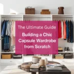 A bright sunlit room featuring an organized white open wardrobe filled with women's clothing, folded knitwear, shoes, and woven baskets. A magenta text overlay in the center reads "The Ultimate Guide: Building a Chic Capsule Wardrobe from Scratch." The clean aesthetic includes a potted green plant, coffee table, and cozy couch. An ideal visual reference for closet organization, minimal wardrobe planning, step-by-step closet decluttering, and timeless women's fashion basics.