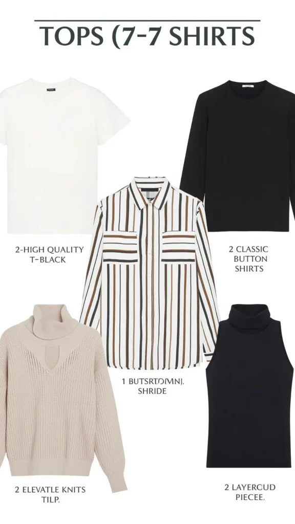 Minimalist product breakdown graphic displaying essential tops for a women's fashion Capsule Wardrobe. Set on a clean white background, the image features a basic white t-shirt, a black long-sleeve top, a brown and black striped button-down shirt, a beige cozy turtleneck knit sweater, and a sleeveless black turtleneck base layer. Ideal visual guide for organizing foundational tops, versatile layering formulas, minimalist closet checklists, and timeless everyday outfit planning.