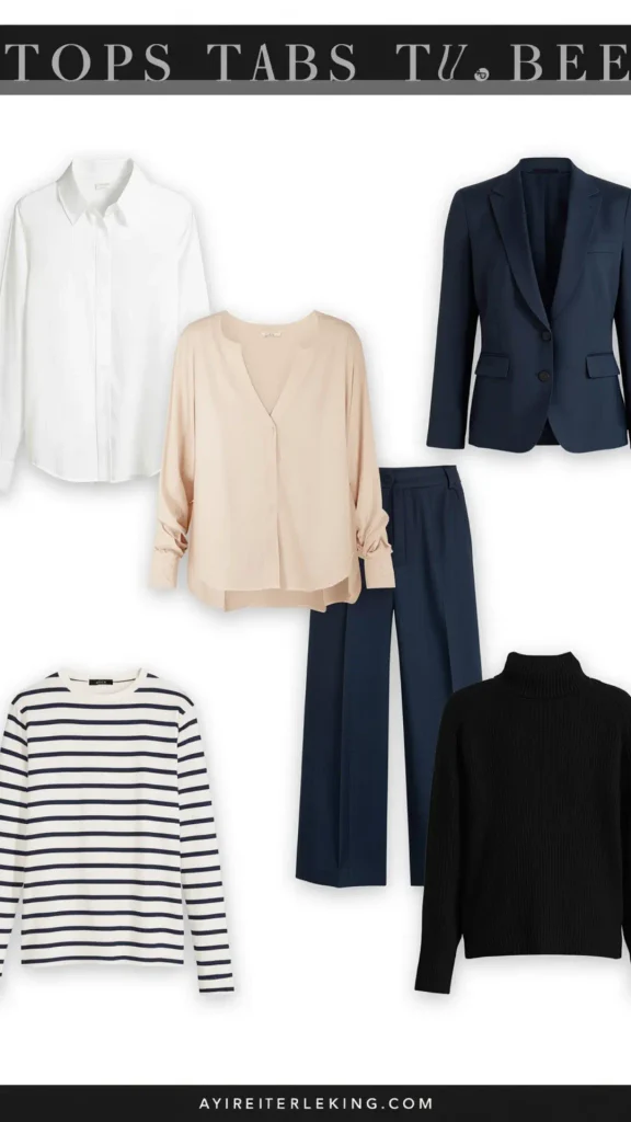 Overhead layout pin displaying essential tops and tailoring for a women's fashion Capsule Wardrobe. Features classic wardrobe staples including a crisp white button-down shirt, a soft blush beige V-neck blouse, a navy blue blazer with matching tailored pants, a Breton striped long-sleeve top, and a black ribbed turtleneck sweater. Ideal visual reference for quiet luxury workwear, Scandinavian minimal styling, professional top formulas, and versatile closet planning.   