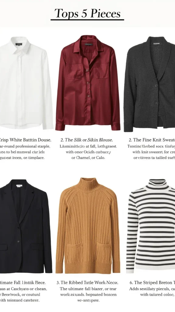 Grid layout flat-lay titled "Tops 5 Pieces" showcasing essential workwear tops and knits for a women's fashion Capsule Wardrobe. Includes a crisp white button-down shirt, burgundy silk blouse, dark charcoal cardigan, classic black blazer, camel ribbed turtleneck sweater, and a striped Breton turtleneck. Ideal visual reference for quiet luxury office layering, Scandinavian minimalist style, professional workwear staples, and timeless closet organization.