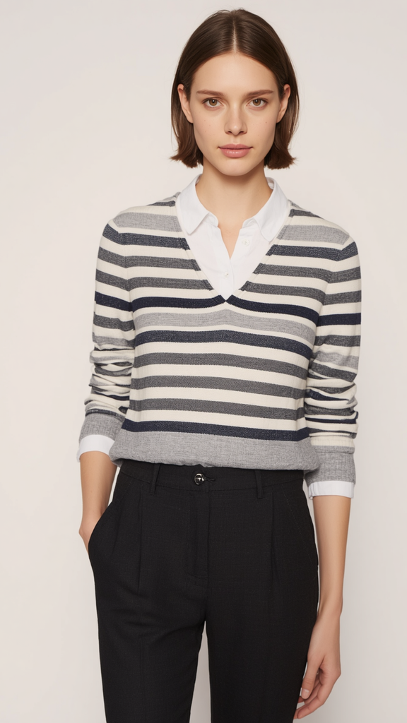 Studio portrait of a woman with a short bob haircut posing in classic layered office attire for a women's fashion Capsule Wardrobe. She wears a striped V-neck sweater in grey, navy, and cream layered over a crisp white collared button-down shirt paired with tailored black pleated trousers. Ideal visual reference for Scandinavian workwear, preppy quiet luxury styling, timeless top layering formulas, and smart casual workplace outfits.   