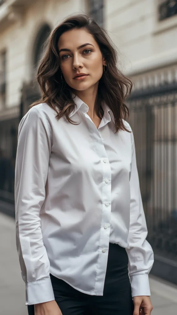 Outdoor street style portrait of a brunette woman with loose waves wearing a crisp white collared button-down shirt tucked into black trousers for a women's fashion Capsule Wardrobe. Posed against classic European city architecture and wrought-iron gates. Ideal visual reference for Parisian chic outfits, quiet luxury workwear, versatile white blouse styling formulas, and building a timeless minimalist closet collection.