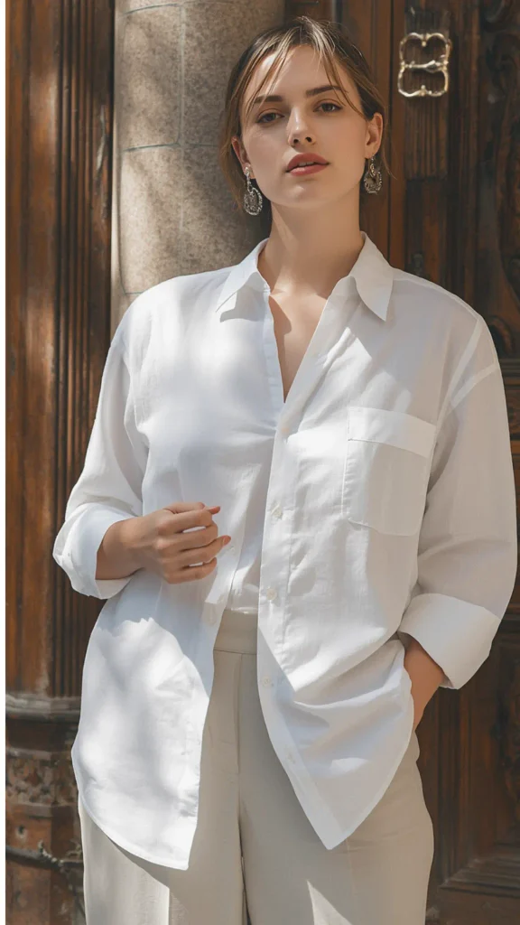 Portrait of a woman wearing an oversized crisp white button-down shirt casually styled with high-waisted beige trousers, demonstrating essential tops for a women's fashion Capsule Wardrobe. Posing in soft sunlight near an ornate wooden door with statement silver earrings. An ideal visual reference for quiet luxury white shirt styling, minimal summer outfit formulas, relaxed chic workwear, and timeless closet staples.